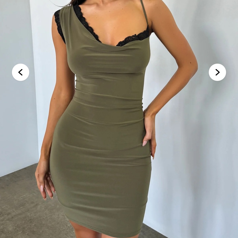 Elegant Olive Green Dress with Lace Trim